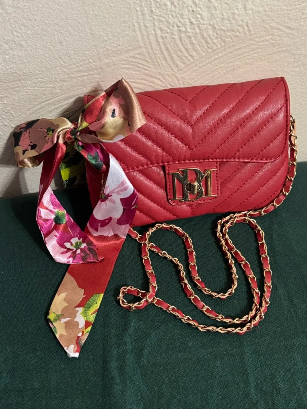 Badgley Mischka Scarlet Quilted Crossbody with Floral Scarf Accent